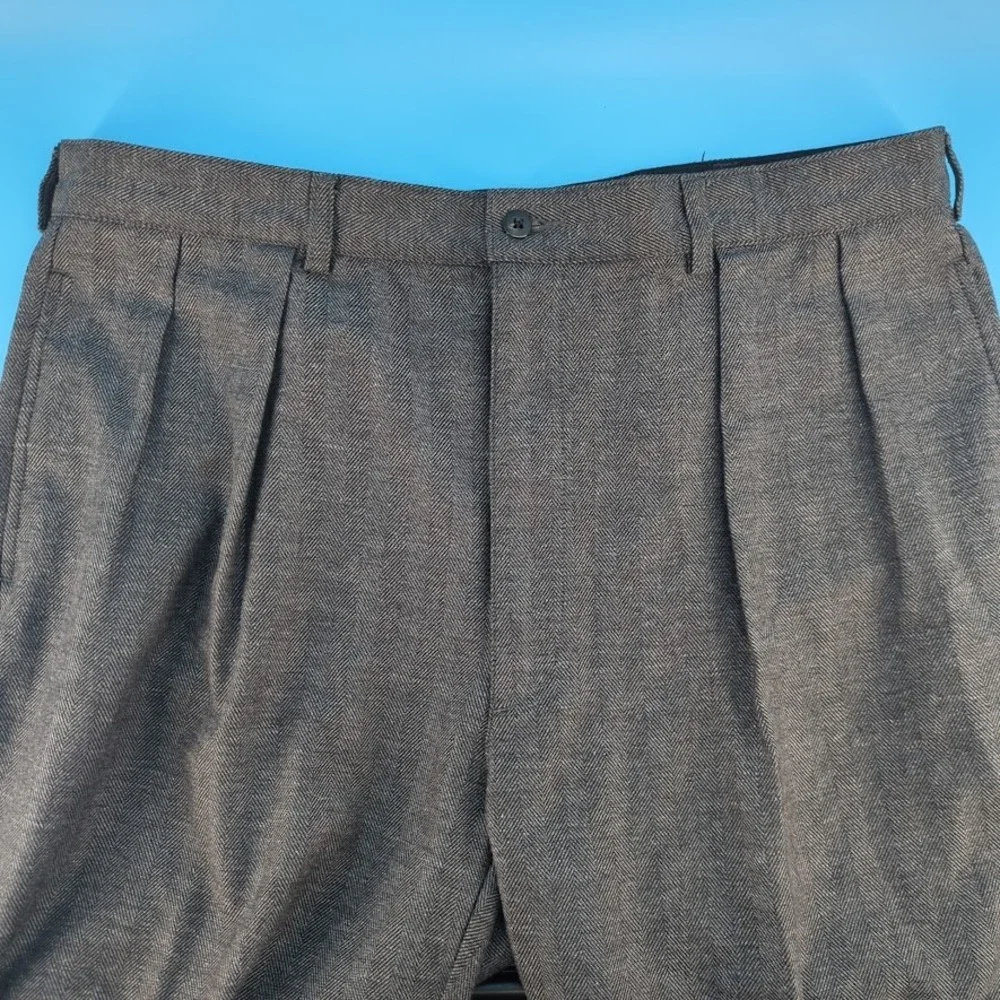 VTG Polo Ralph Lauren Gray Herringbone Pleated Cotton Wool Trousers Mens 38x34